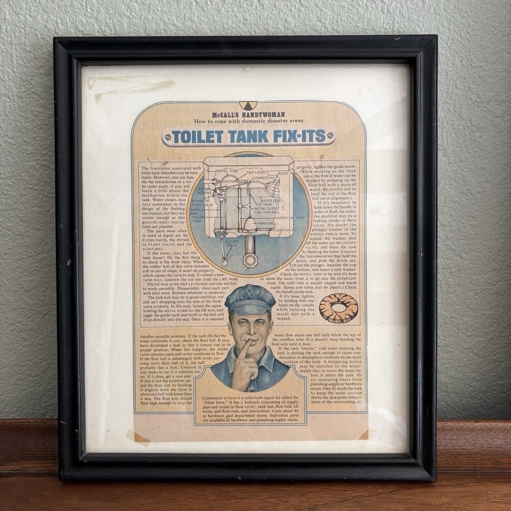 Vintage Framed 1940s McCall Handywoman Toilet Tank Fix It’s 11X13